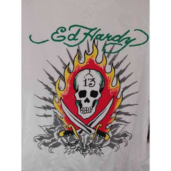 Ed Hardy Men’s XL Skull 13 “Free Forever” White Tee Y2K NWT - Picture 2 of 9